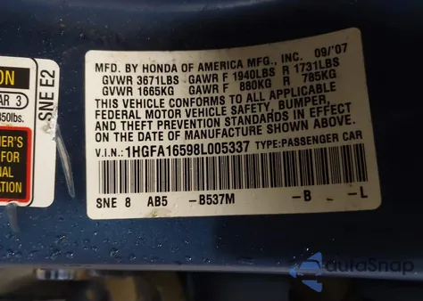 2008 Honda Civic Lx z USA, uszkodzony, nr VIN 1HGFA16598L005337